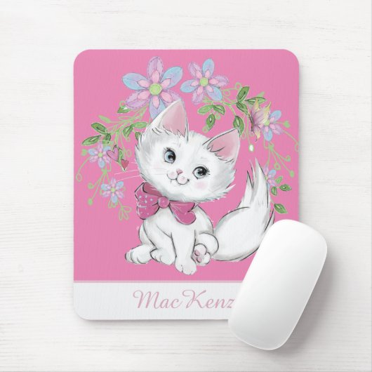 Cute Pink Kitten en Flowers Girl's Muismat (Met muis)