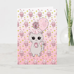 Cute Pink Kitten Girl's Happy Birthday Kaart