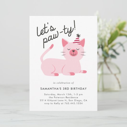 Cute Pink Kitty Cat Birthday Party Kaart (Staand voorkant)