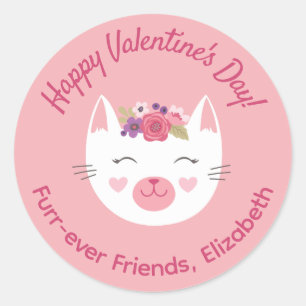 Cute Pink Kitty Cat Kinder Valentijnsdag Classroom Ronde Sticker