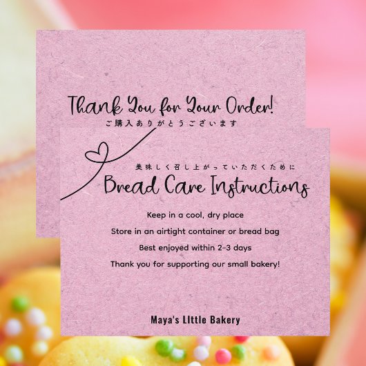 Cute Pink Kraft Heart Bread Care Instructions Bedankkaart