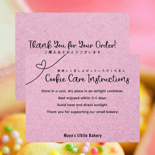 Cute Pink Kraft Heart Cookie Care Instructions Bedankkaart