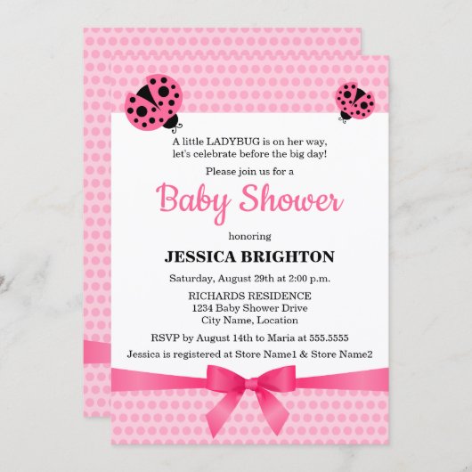 Cute Pink Ladybug Baby shower Kaart (Voorkant / Achterkant)