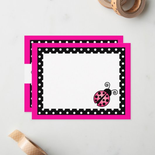 Cute Pink Ladybug Flat Hartelijk dank Notitiekaartje (Voorkant / Achterkant in situ)