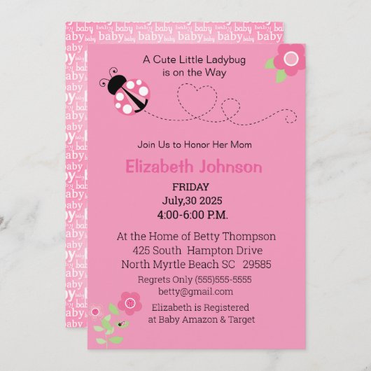 Cute Pink Ladybug Floral Baby shower Kaart (Voorkant / Achterkant)