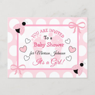 Cute Pink Ladybug Girl's Baby shower ThMED Invite Briefkaart