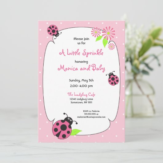 Cute Pink Ladybug Invitation Kaart (Staand voorkant)