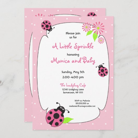 Cute Pink Ladybug Invitation Kaart (Voorkant / Achterkant)