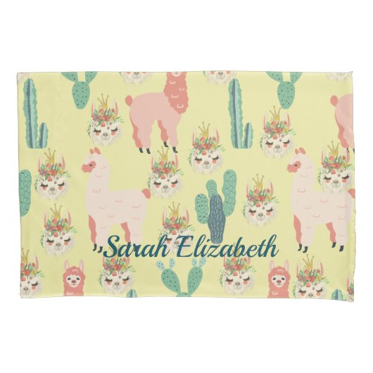 Cute Pink Lama's en groene cactus Gepersonaliseerd Kussensloop (Voorkant)
