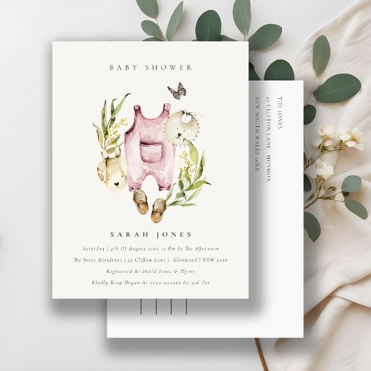 Cute Pink Leafy Foliage Girl Clothes Baby shower Briefkaart