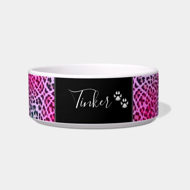 Cute Pink Leopard Print Personated Pet  Voerbakje (Voorkant)