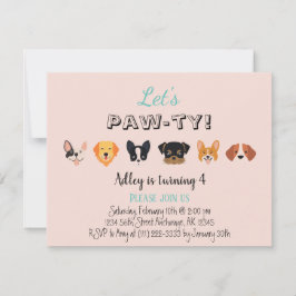 Cute Pink Let's Pawty Girl Puppy Birthday Party Kaart