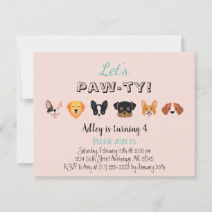 Cute Pink Let's Pawty Girl Puppy Birthday Party Kaart