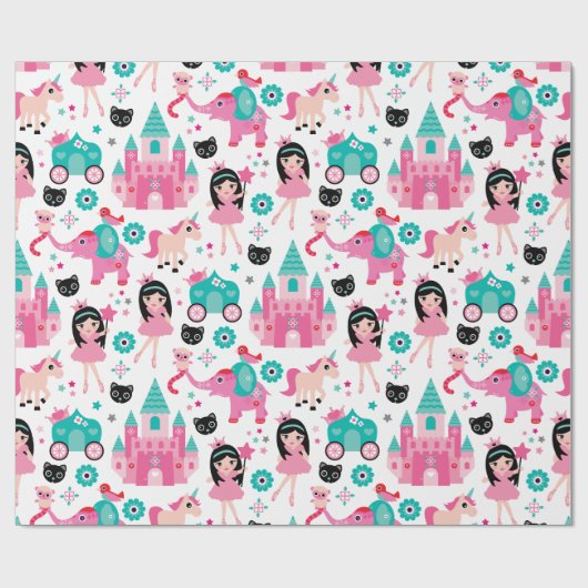 Cute Pink Little Princess Unicorn Magical Pattern Cadeaupapier (Vlak)