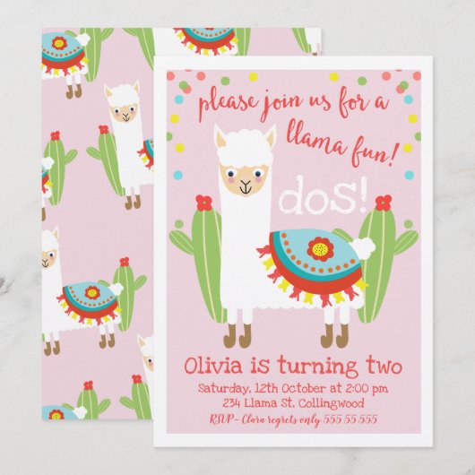Cute Pink Llama Cactus Birthday Uitnodiging (Voorkant / Achterkant)