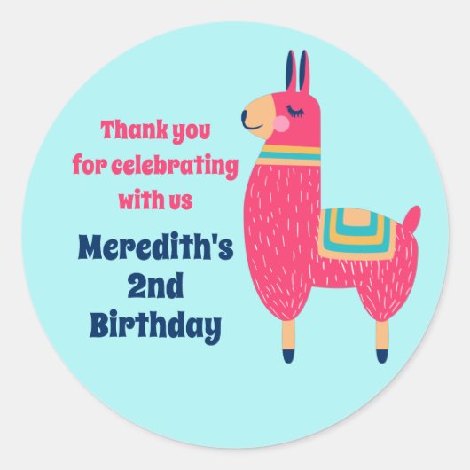 Cute Pink Llama Cartoon Kinderen Birthday Party Ronde Sticker (Voorkant)