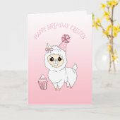 Cute Pink Llama Girl's gepersonaliseerde Happy Bir Kaart (Gele Bloem)