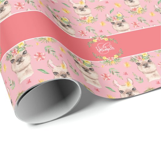 Cute Pink Llama Pattern for Little Girls Cadeaupapier (Rol Hoek)