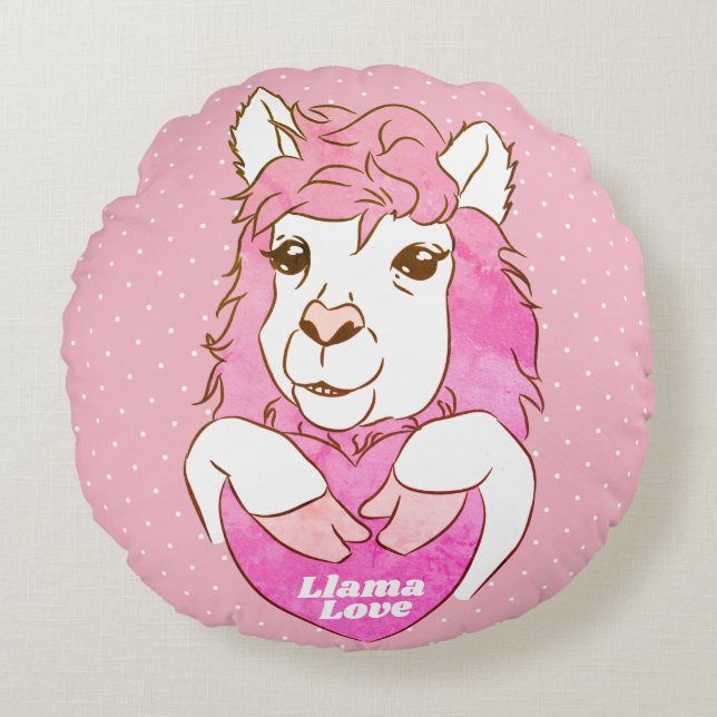Cute Pink Llama Sketch & Polka Dots Llama Love Rond Kussen (Voorkant)