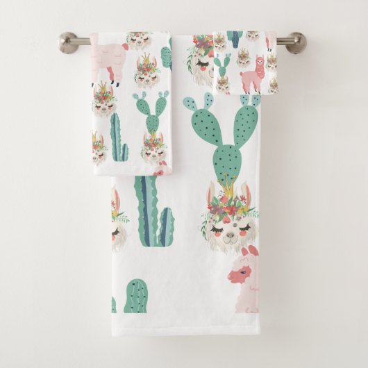 Cute Pink Llama's and Green Cactus Bad Handdoek (Insitu)