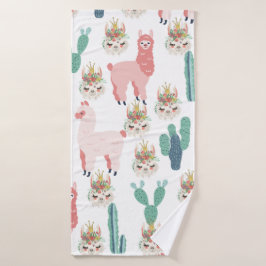 Cute Pink Llama's and Green Cactus Badhanddoek