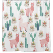 Cute Pink Llama's and Green Cactus Douchegordijn (Voorkant)