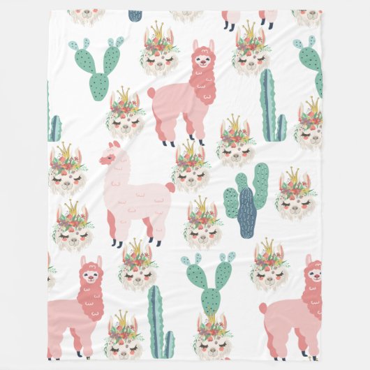 Cute Pink Llama's and Green Cactus Fleece Deken (Voorkant)