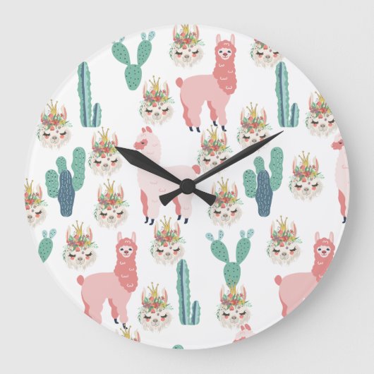 Cute Pink Llama's and Green Cactus Grote Klok (Voorkant)