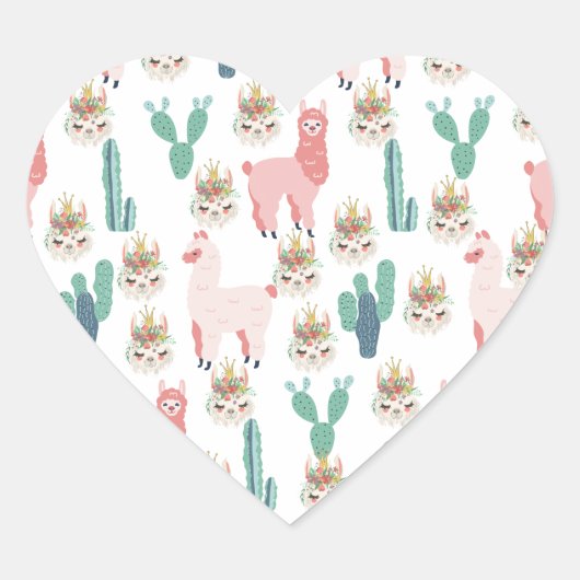 Cute Pink Llama's and Green Cactus Hart Sticker (Voorkant)