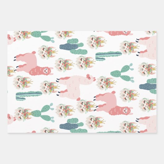 Cute Pink Llama's and Green Cactus Inpakpapier Vel (Voorkant 2)