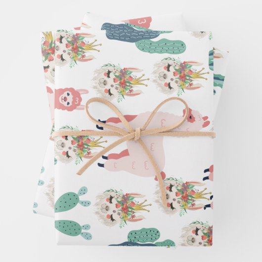 Cute Pink Llama's and Green Cactus Inpakpapier Vel (In situ)