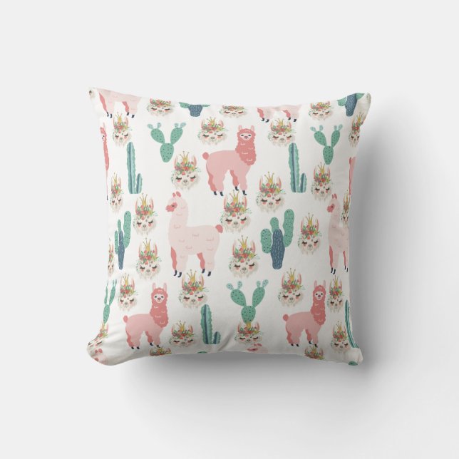 Cute Pink Llama's and Green Cactus Kussen (Voorkant)