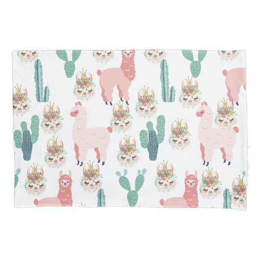 Cute Pink Llama's and Green Cactus Kussensloop (Voorkant)