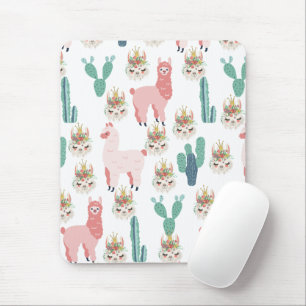 Cute Pink Llama's and Green Cactus Muismat