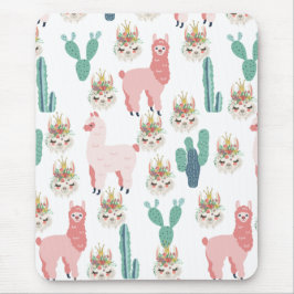 Cute Pink Llama's and Green Cactus Muismat