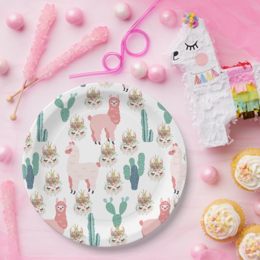Cute Pink Llama's and Green Cactus Papieren Bordje (Feest)