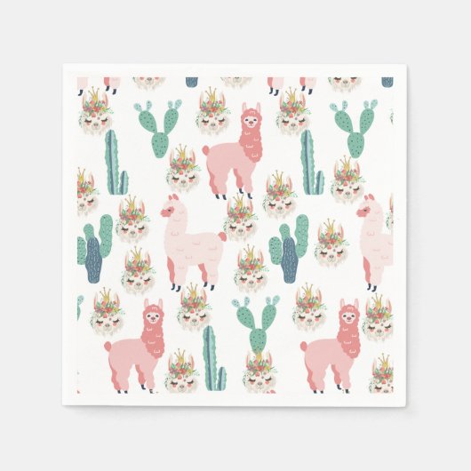 Cute Pink Llama's and Green Cactus Servet (Voorkant)