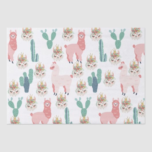 Cute Pink Llama's and Green Cactus Tissuepapier (Voorkant)