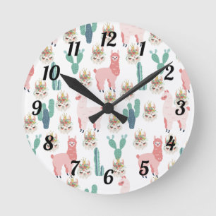 Cute Pink Llamas en Green Cactus Baby Kinder Ronde Klok