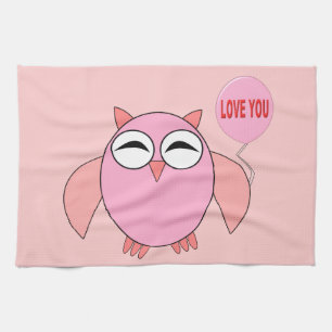 Cute Pink Love You Owl Kitchen Towel Theedoek
