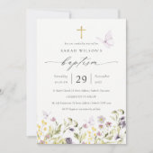 Cute Pink Meadow Floral Butterfly Baptism Invite Bedankkaart (Voorkant)