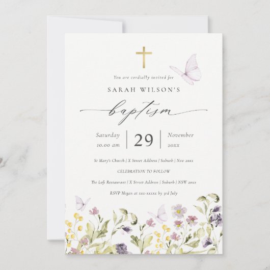 Cute Pink Meadow Floral Butterfly Baptism Invite Bedankkaart (Voorkant)