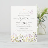 Cute Pink Meadow Floral Butterfly Baptism Invite Bedankkaart (Staand voorkant)