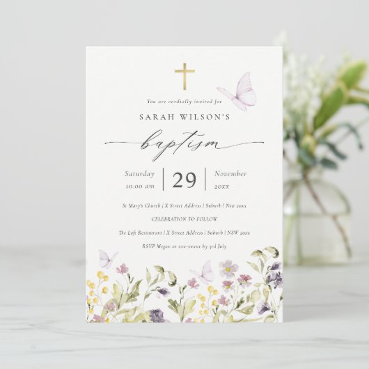 Cute Pink Meadow Floral Butterfly Baptism Invite Bedankkaart (Staand voorkant)