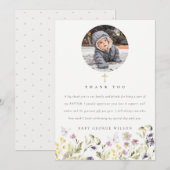 Cute Pink Meadow Floral Butterfly Foto Baptisme Bedankkaart (Voorkant / Achterkant)