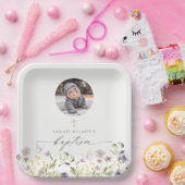 Cute Pink Meadow Floral Butterfly Foto Baptisme Papieren Bordje (Feest)