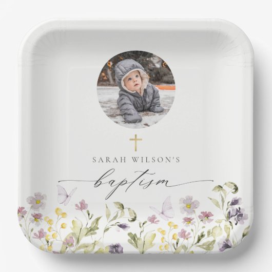 Cute Pink Meadow Floral Butterfly Foto Baptisme Papieren Bordje (Voorkant)
