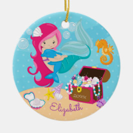 Cute Pink Mermaid & Dolphin-kerstversiering Keramisch Ornament