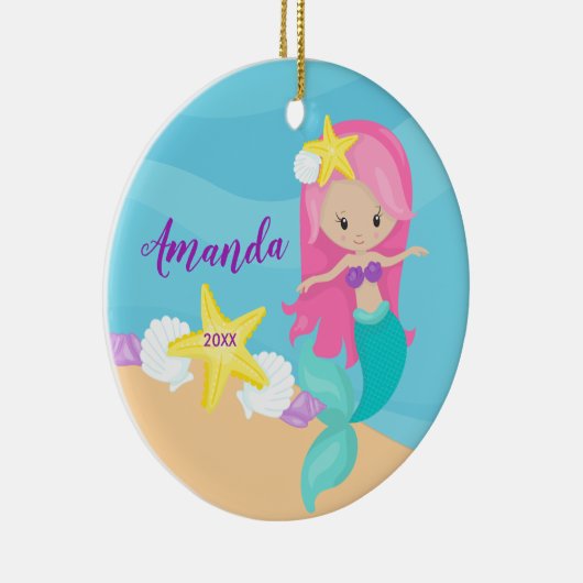 Cute Pink Mermaid-kerstversiering Keramisch Ornament (Rechts)