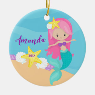Cute Pink Mermaid-kerstversiering Keramisch Ornament